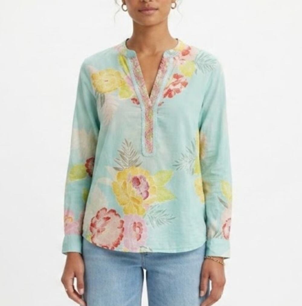 VINTAGE GOA Printed Top Long Sleeve Embroidered Trim Floral Teal Multi Womens L